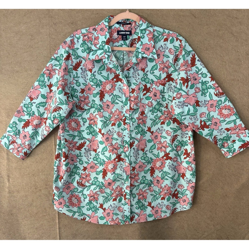 Lands End No Iron Supima Tunic Blouse‎ Womens Sz 18P Blue Green Floral